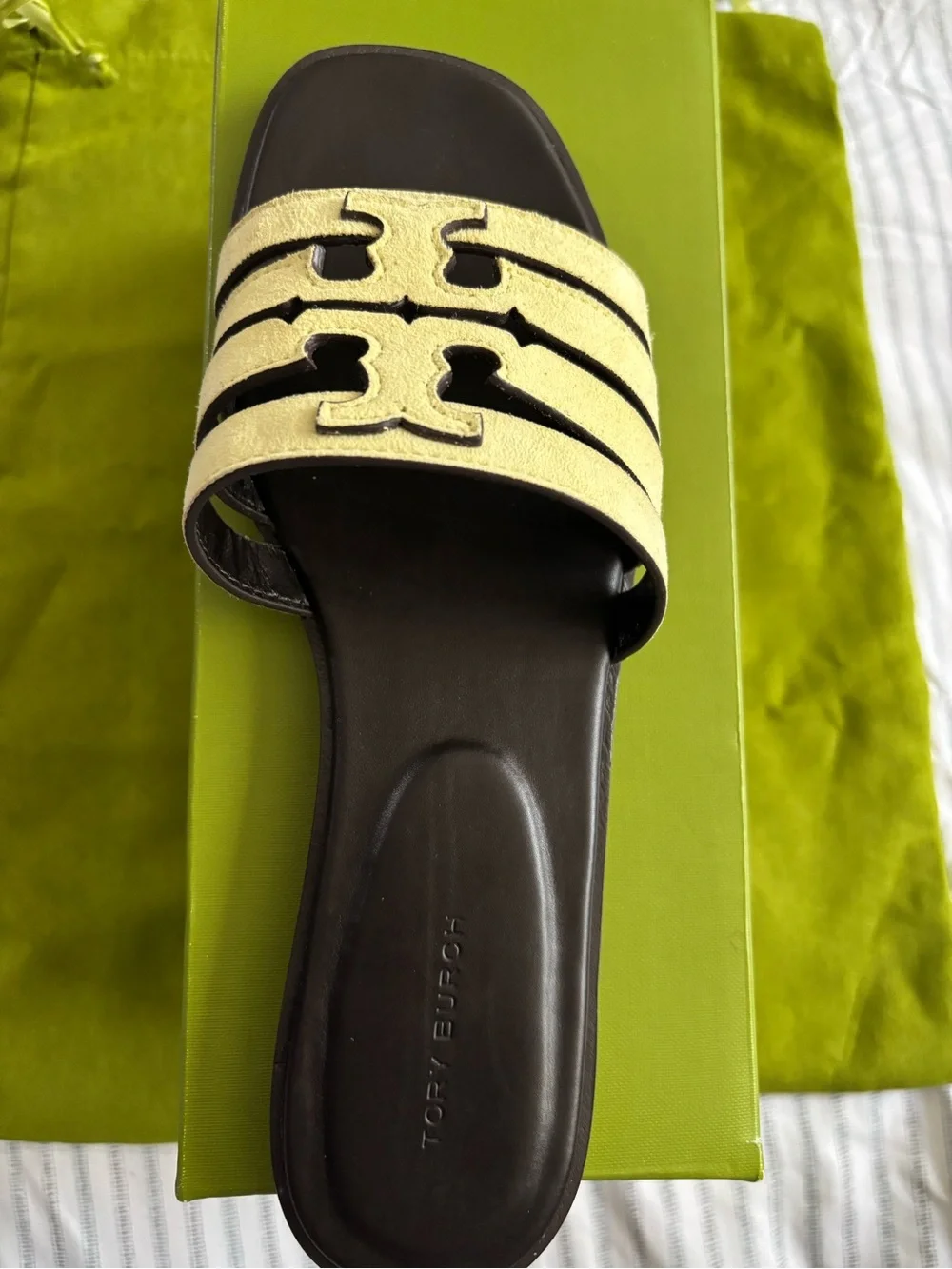 Tory Burch Pale Yellow Leather Slide Mules New With Original Box And Dust Bag